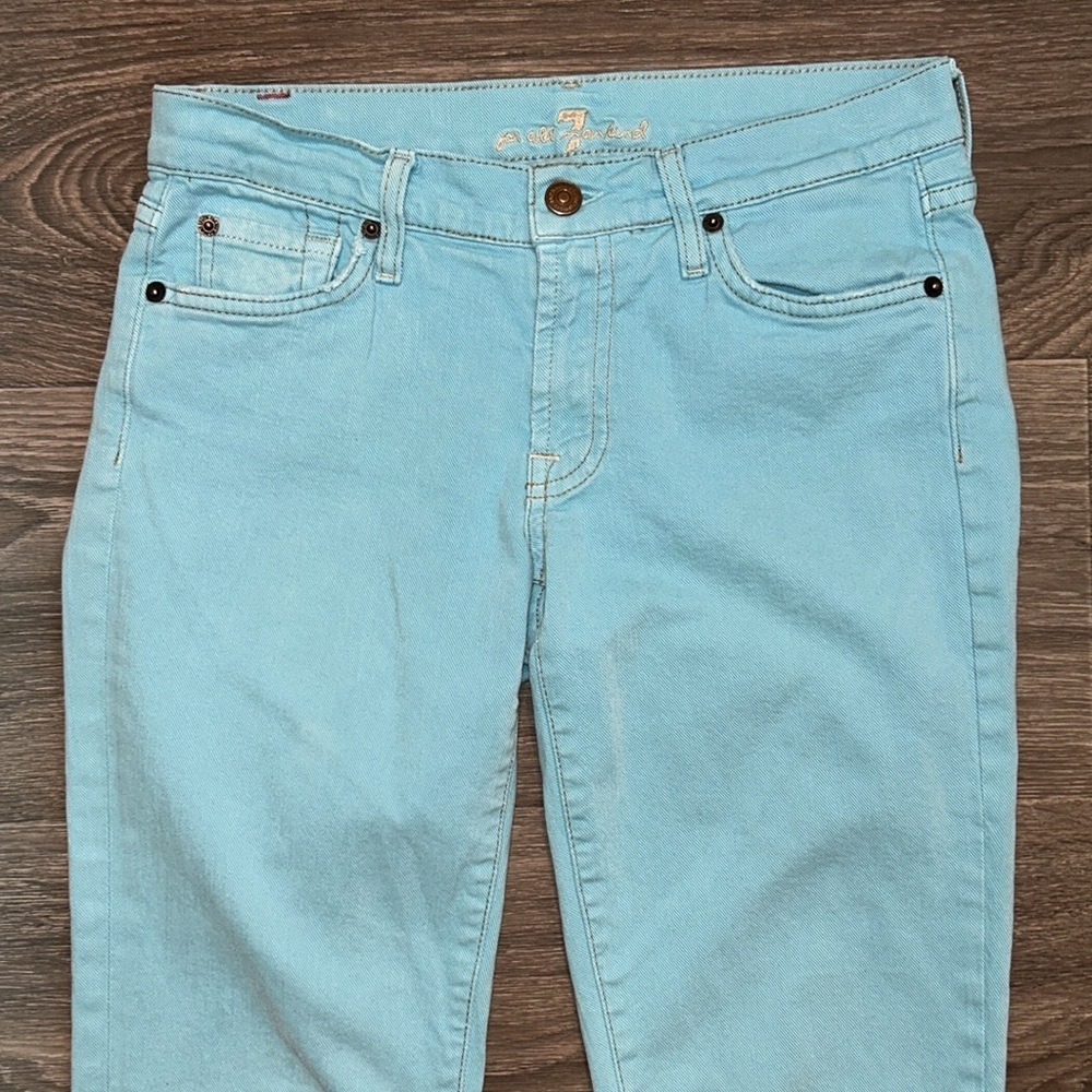 7 For All Mankind Flare Jeans 27 Bright Baby Blue Denim Made USA Vintage Y2K 00s - Picture 3 of 11